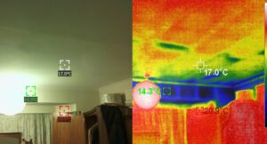 a comparative photos of a room's ceiling and the thermal camera image of the same view